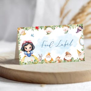 Bearbeitbares Schneewittchen-Geburtstags-Lebensmittelzelt, Schneewittchen-Lebensmitteletikettenvorlage, Prinzessin Party-Dekor, Prinzessin Food-Zeltkarte, Schneewittchen-Lebensmittelanhänger
