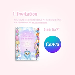 May include: A 5x7 inch invitation template for an 8th birthday party. The design features illustrations of anime-style characters and a blue cat. The invitation includes the text "Amelia's 8th Birthday" and the Canva logo.