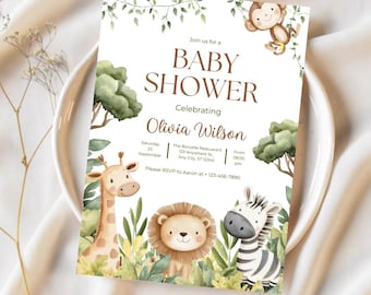 Jungle dieren afdrukbare gepersonaliseerde babyshower uitnodiging, safari babyshower uitnodiging sjabloon, genderneutrale babyshower uitnodiging