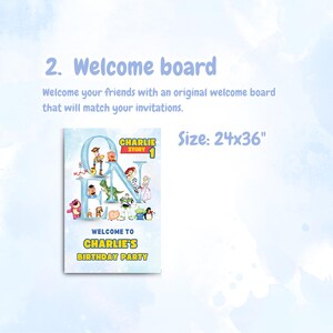 May include: A welcome board with a light blue background, featuring the text "Welcome to Charlie's Birthday Party." The design includes the text "CHARLIE STORY 1" and various cartoon characters. The board measures 24x36 inches.