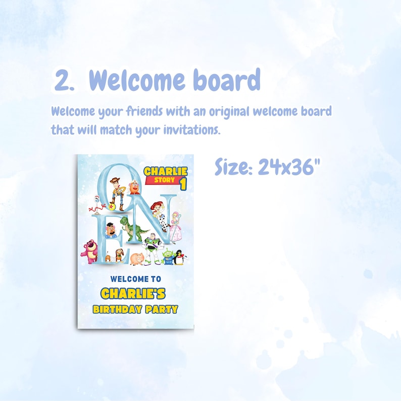 May include: A welcome board with a light blue background, featuring the text "Welcome to Charlie's Birthday Party." The design includes the text "CHARLIE STORY 1" and various cartoon characters. The board measures 24x36 inches.