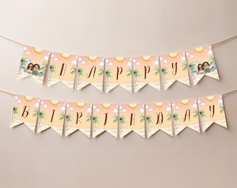 Banner de feliz cumpleaños de Moana, decoración para fiesta de cumpleaños infantil de Moana, artículos para fiesta de Moana en Maui, banner de bandera hawaiana de Moana, descarga instantánea de Canva