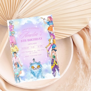 May include: A pastel-colored birthday invitation with cartoon illustrations of people and a cat. The invitation reads "Join us to celebrate Amelia's 8th Birthday" with the date and time. The background has a dreamy, cloudy design.