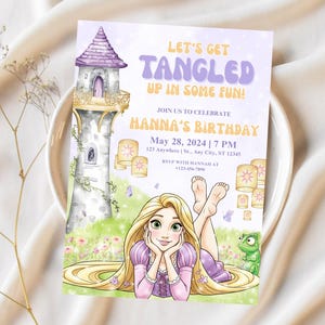 May include: An invitation card with the text "LET'S GET TANGLED UP IN SOME FUN!" and "HANNA'S BIRTHAY". The design features a tower, floating lanterns, and a cartoon illustration of a girl with long blonde hair. The invitation is set on a white background.
