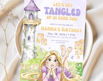 Invitación editable para fiesta de cumpleaños infantil de la princesa Rapunzel, plantilla de invitación para fiesta de cumpleaños de Enredados, letrero de bienvenida de Rapunzel, decoración para fiesta de Enredados