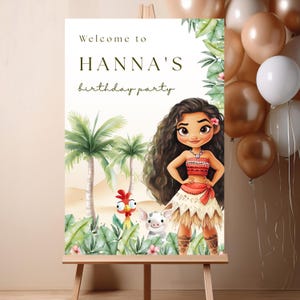 May include: A party welcome sign on an easel with the text "Welcome to HANNA'S birthday party." The sign features a cartoon illustration of a girl, palm trees, and animals. Balloons in shades of brown and white are in the background.