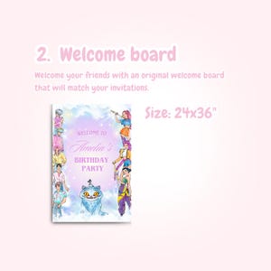 May include: A welcome board with the text "Welcome to Amelia's Birthday Party". The board features illustrations of cartoon characters and a blue cat. The size is 24x36 inches.