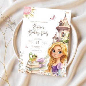 Rapunzel afdrukbare gepersonaliseerde uitnodiging verjaardagsfeestje kinderen, sjabloon prinses verjaardagsfeestje, prinses Rapunzel verjaardag meisje