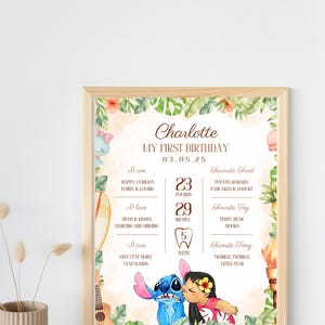 K&ouml;nnte beinhalten: Ein gerahmter Druck f&uuml;r einen ersten Geburtstag mit dem Namen "Charlotte" und Details wie Gewicht (10,4 kg) und Gr&ouml;&szlig;e (73,7 cm). Mit Illustrationen von Stitch und Lilo sowie tropischem Laub.