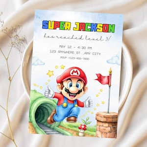 Invitation de fête d'anniversaire modifiable Super Mario Kids, modèle d'invitation Super Mario Party, panneau de bienvenue Super Mario, Invitation de jeu garçon fille