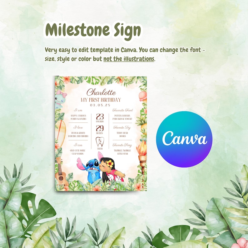 K&ouml;nnte beinhalten: Eine Meilenstein-Schildvorlage mit dem Text "Milestone Sign" und "Charlotte MY FIRST BIRTHAY 03.05.25". Das Schild zeigt Illustrationen von Stitch und Lilo, einem Surfbrett, einer Ukulele und anderen tropischen Elementen. Das Canva-Logo ist sichtbar.