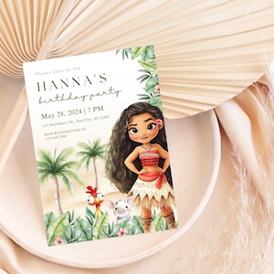 May include: A birthday party invitation featuring a cartoon illustration of a Polynesian girl. The invitation includes the text "HANNA'S birthday party" with the date, time, and location. The design incorporates tropical elements like palm trees and lush greenery.