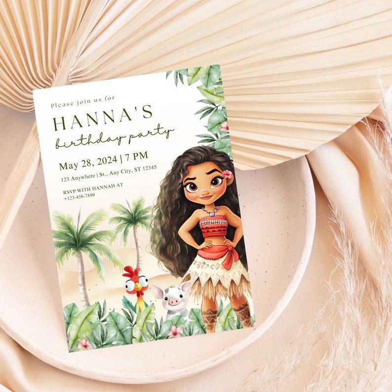 May include: A birthday party invitation featuring a cartoon illustration of a Polynesian girl. The invitation includes the text "HANNA'S birthday party" with the date, time, and location. The design incorporates tropical elements like palm trees and lush greenery.