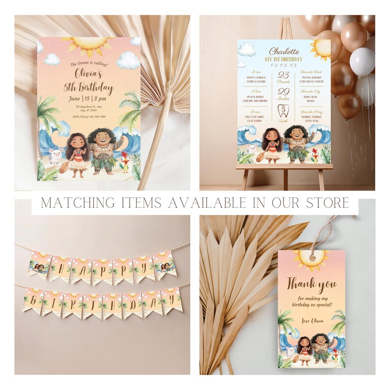 Op de afbeelding: Een set met Moana-thema feestversiering om te printen, inclusief een uitnodiging, een banner, een bedankkaartje en een bord met een lijst van feiten over het jarige kind. De versiering bevat de personages Moana en Maui, een tropische eilandsetting en een heldere kleurenpalet.