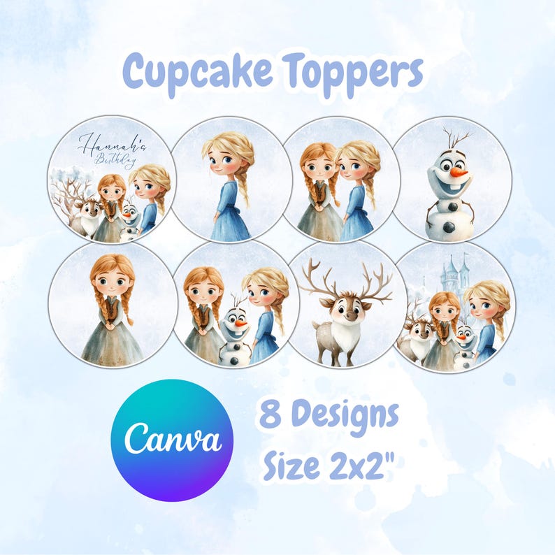 Puede incluir: Ocho adornos redondos para cupcakes con ilustraciones de personajes de una popular pel&iacute;cula animada. Cada adorno mide 5 x 5 cm y muestra a Elsa, Anna, Olaf y Sven. El texto "Cupcake Toppers" est&aacute; en la parte superior.