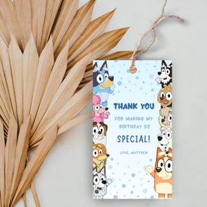 Etichetta modificabile per bomboniere Bluey, etichetta di ringraziamento Bluey, etichetta regalo di compleanno per bambini Bluey, etichetta di ringraziamento per festa del bingo Bluey, decorazioni per festa del bingo Bluey