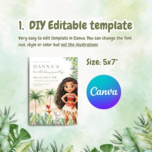 May include: A DIY editable template for a birthday party invitation. The design features a cartoon illustration of a girl, palm trees, and tropical foliage. The invitation is 5x7 inches and can be edited in Canva.
