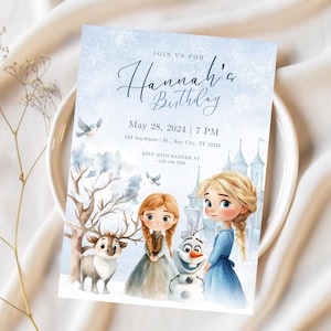 May include: A birthday invitation featuring watercolor illustrations of animated characters, a reindeer, and a snowman. The invitation reads "Hannah's Birthday" with the date, time, and location details. The background has a wintery, snowy theme.
