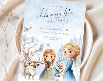 Frozen Kids Birthday Party Invitation, Princess Birthday Invitation Template, Elsa Anna and Olaf, Frozen Birthday Girl, Frozen Welcome Sign