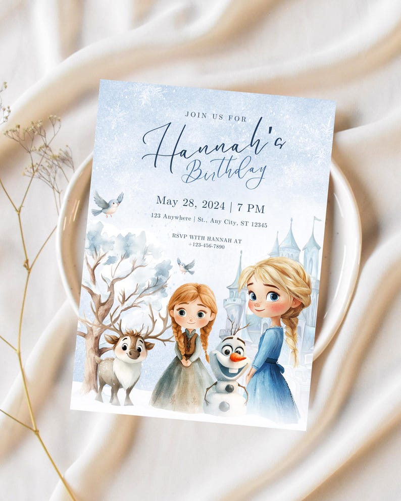May include: A birthday invitation featuring watercolor illustrations of animated characters, a reindeer, and a snowman. The invitation reads "Hannah's Birthday" with the date, time, and location details. The background has a wintery, snowy theme.