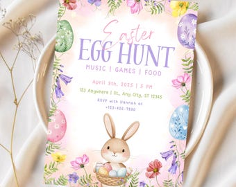 Editable Easter Egg Hunt Invitation Template, Floral Easter Party Invitation, Easter Bunny Invitation, Easter Brunch Invite, Canva Template