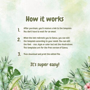 Op de afbeelding: Een groene en witte ge&iuml;llustreerde afbeelding met de tekst "Hoe het werkt" en een genummerde lijst met instructies voor het gebruik van een Canva-sjabloon. De instructies omvatten: 1. Na aankoop ontvang je een link naar het sjabloon. Je hoeft niet te wachten op een e-mail. 2. Wanneer de link je naar Canva doorverwijst, kun je het sjabloon aanpassen aan je behoeften. Je kunt het lettertype - grootte, stijl of kleur aanpassen, maar niet de illustraties. Deze sjablonen zijn voor de gratis versie van Canva. 3. Download en print vervolgens het bewerkte bestand. De afbeelding bevat ook de tekst "Het is super gemakkelijk!"