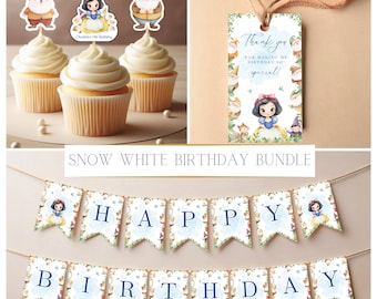 Paquete de fiesta de cumpleaños de Blancanieves, pancarta de cumpleaños de Blancanieves, etiqueta de agradecimiento de Blancanieves, adornos para cupcakes de Blancanieves, decoración para fiesta de Blancanieves