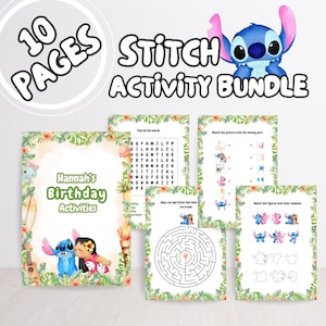 Op de afbeelding: Een Stitch-thema activiteitenbundel met 10 pagina's. De omslag toont Stitch en Lilo, met de tekst "Hannah's Birthday Activities". Andere pagina's bevatten woordzoekers, matchingspellen en een doolhof, allemaal met Stitch-personages.
