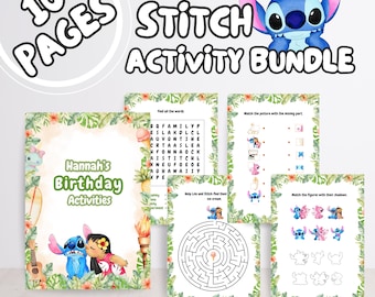 Spersonalizowany pakiet aktywności na przyjęcie urodzinowe Lilo i Stitch, edytowalne arkusze aktywności urodzinowych dla dzieci, strona aktywności Stitch, gra imprezowa Stitch