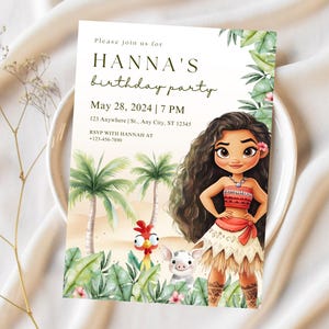 Moana gepersonaliseerde uitnodiging voor kinderverjaardag, Hawaiiaanse Moana bewerkbare sjabloon verjaardagsuitnodiging, Moana-welkomstbord, cartoon uitnodiging