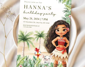 Moana Spersonalizowane Zaproszenie Na Urodziny Dla Dzieci, Hawajski Moana Edytowalny Szablon Zaproszenia Urodzinowego, Znak Powitalny Moana, Zaproszenie Z Kreskówek