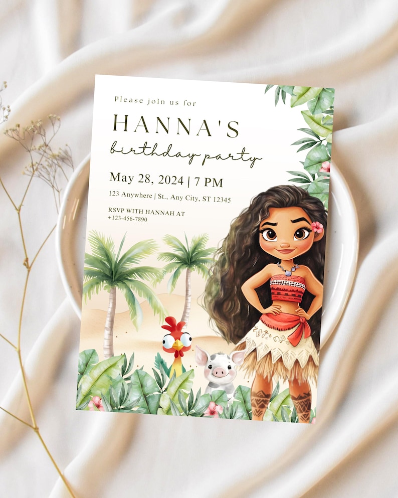 May include: A birthday party invitation featuring a cartoon illustration of a Polynesian girl. The invitation includes the text "HANNA'S birthday party" with the date, time, and RSVP information. The design incorporates palm trees and tropical foliage.
