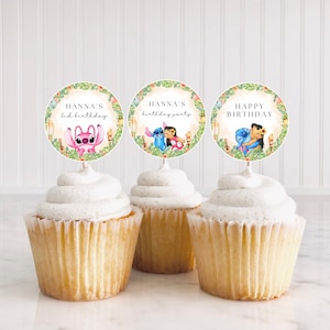 Editable Lilo and Stitch Kids Birthday Cupcake Toppers, Stitch and Angel Centerpiece Birthday Party Decor, Stitch Cutouts Cake Topper
