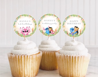 Editable Lilo and Stitch Kids Birthday Cupcake Toppers, Stitch and Angel Centerpiece Birthday Party Decor, Stitch Cutouts Cake Topper