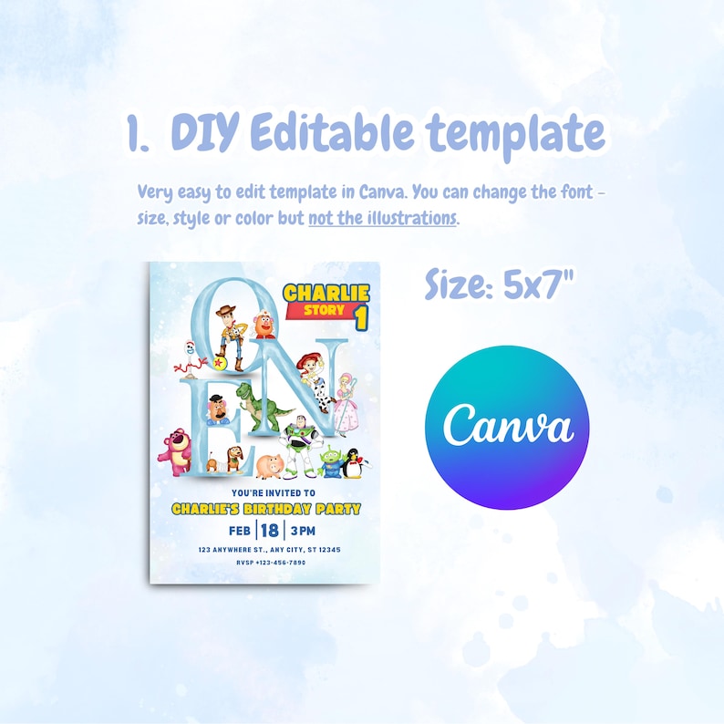 May include: A light blue birthday party invitation template with the text "Charlie's Birthday Party" and "Size: 5x7". The invitation features illustrations of characters from the movie Toy Story and the Canva logo.