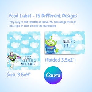 Op de afbeelding: Voedseletiketsjabloon met 15 ontwerpen. De etiketten bevatten illustraties van personages uit de film Toy Story. E&eacute;n label zegt "Buzz Lightyear's Meatballs" en de andere zegt "Alien's Fruit". De labels zijn 8,89 x 10,16 cm en gevouwen 8,89 x 5,08 cm.
