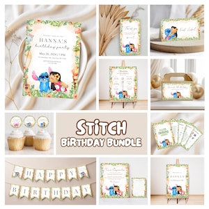 May include: A Stitch-themed birthday party bundle with invitations, food labels, cupcake toppers, and a banner. The designs feature Stitch and Lilo with tropical floral accents and the text "Happy Birthday".