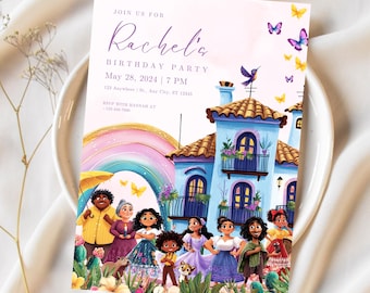 Afdrukbare Encanto-gepersonaliseerde uitnodiging voor verjaardagsfeestje voor kinderen, Mirabel-sjabloon voor verjaardagsfeestje, Encanto-welkomstbord
