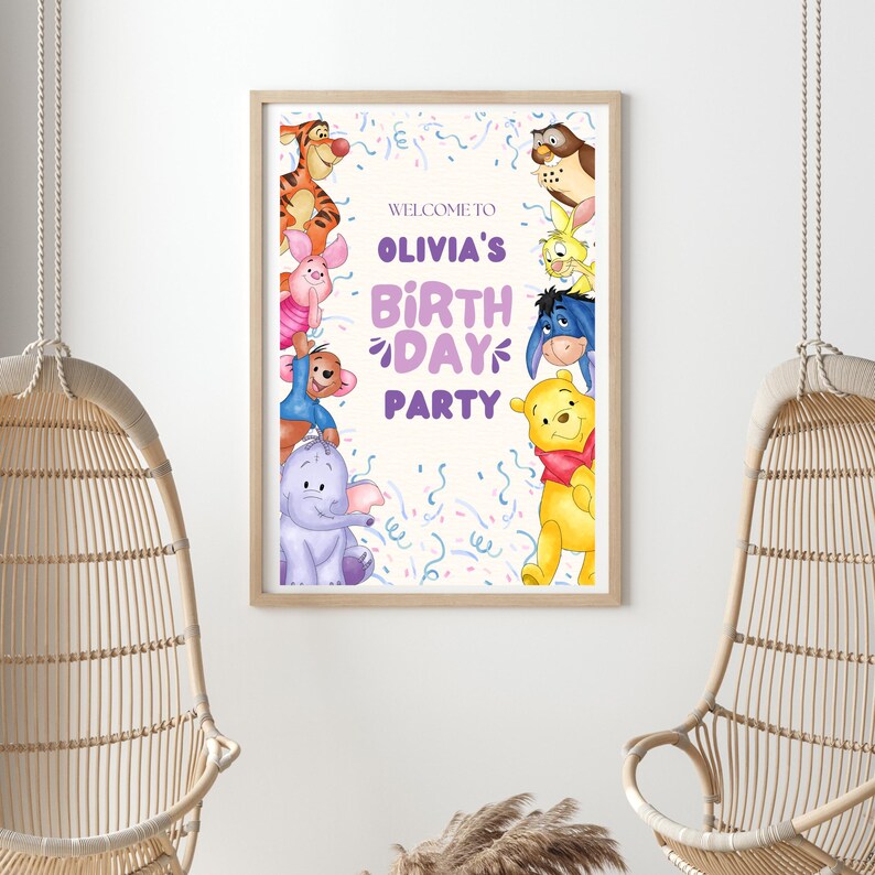 May include: A Winnie the Pooh themed birthday party sign with a purple and white background. The sign says "Welcome to Olivia's Birthday Party" and features characters like Winnie the Pooh, Piglet, Eeyore, Tigger, and Owl.