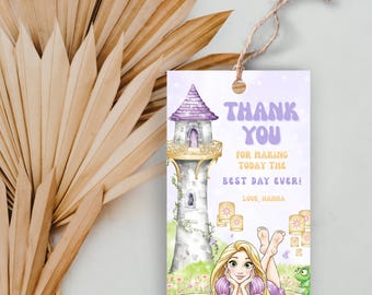 Bewerkbaar label voor Rapunzel-feestje, prinses Rapunzel-label voor verjaardagsfeestje, verwarde label voor verjaardagscadeau voor kinderen, verwarde label voor verjaardagsfeestje