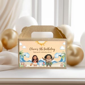 Plantilla editable de etiqueta para caja de regalo de cumpleaños de Moana, caja de regalo de cumpleaños de Moana hawaiana, etiqueta para caja de regalo, etiqueta para caja de dulces de Moana Maui