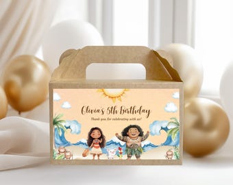 Moana bearbeitbare Geburtstagsparty Gunst Box Etikettenvorlage, hawaiianische Moana Geburtstag Giebelbox, Geschenkbox Etikett, Moana Maui Leckerli Box Etikett