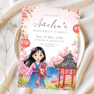 Puede incluir: Invitación de cumpleaños con una niña de dibujos animados vestida con un vestido rosa y azul sosteniendo un dragón rojo. La invitación incluye el texto "Amelia's Birthday Party" con la fecha, hora e información de RSVP, rodeada de flores de cerezo rosas.