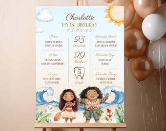 Moana anniversaire fête jalon signe, modèle d'affiche modifiable hawaïen Moana Moana jalon, décoration de fête d'anniversaire Moana, planche Moana Maui Hei Hei