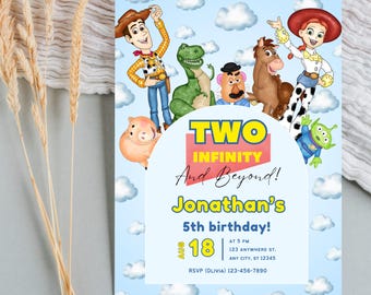 Plantilla de invitación para fiesta de cumpleaños infantil de Toy Story, invitación personalizada para fiesta de cumpleaños de Two Infinity and Beyond,
