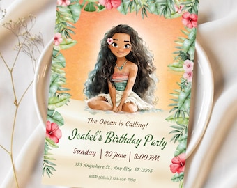 Faire-part d'anniversaire personnalisé pour enfants Moana, modèle d'Invitation d'anniversaire modifiable hawaïen Moana, panneau de bienvenue Moana,