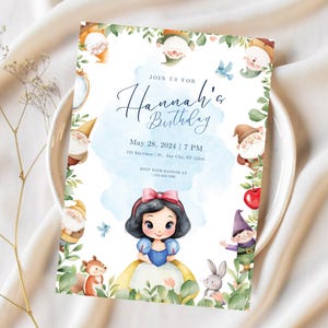 Modello di invito per la festa di compleanno dei bambini di Biancaneve, invito personalizzato per la festa di compleanno di Biancaneve, festa della principessa