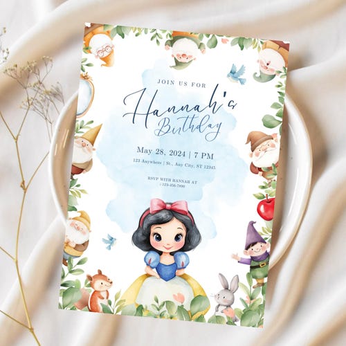Snow White Kids Birthday Party Invitation Template, Snow White Personalized Birthday Party Invitation, Princess Party