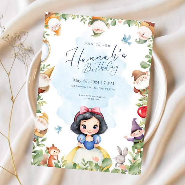 Invito per la festa di compleanno di Biancaneve per bambini, Invito personalizzato per la festa di compleanno di Biancaneve, Festa da principessa