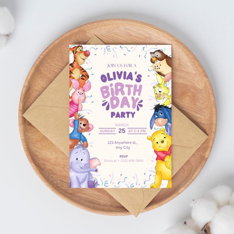 May include: A Winnie the Pooh themed birthday party invitation with a purple and white background. The invitation features a colorful illustration of Winnie the Pooh and his friends, including Piglet, Tigger, Eeyore, and Owl. The text on the invitation reads "Join us for a Olivia's Birthday Party" and includes the date, time, and location of the party. RSVP information is also included.